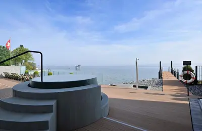 a view of the ocean from a deck at Bad Horn - Hotel & Spa in Horn
