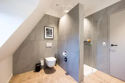 a bathroom with a toilet and a shower at Klein Rigi in Schönenberg