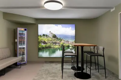 a living room with a large painting on the wall at flexymotel Buchs in Buchs
