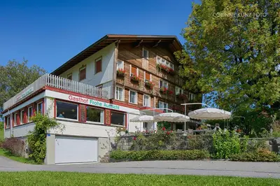 a large building with umbrellas in front of it at Hotel Frohe Aussicht in Weissbad