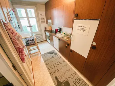 a small kitchen with a sink and a counter at CityLodge St Gallen - 2 min to Marktplatz in St. Gallen