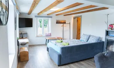 a living room with a blue couch and a table at Ferienhaus Kluser in Oberriet