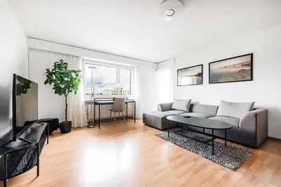 a living room with a couch and a table at SOHO 5A !Gratis Parken, Free Parking! in Kreuzlingen