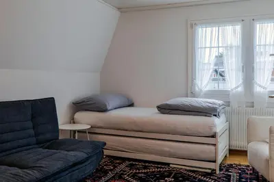 a living room with a bed and a couch at Blattenheimat - im traditionellen Appenzeller Haus in Appenzell