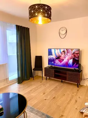 a living room with a large flat screen tv at City Center Premium Apartment - Buchs SG in Buchs