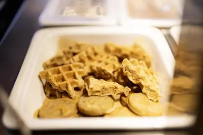 a styrofoam container of waffles and mushrooms at Vegan Health Hotel Sonnenberg in Schwellbrunn