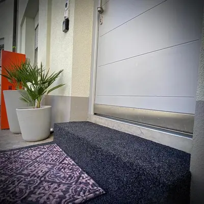 a purple rug sitting next to a door with a plant at Spielzimmer am Bodensee in Rorschach
