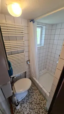 a white bathroom with a toilet and a shower at Grosses Ferienhaus für traumhafte Familienferien im Appenzellerland in Speicher