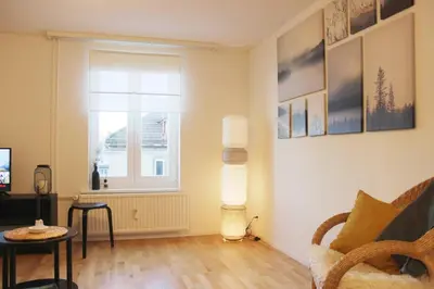 a living room with a couch and a window at Casa Schilling 2,5 rooms in St Gallen, modern, quiet and close to the center in St. Gallen