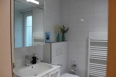 a white bathroom with a sink and a mirror at Casa Schilling 2,5 rooms in St Gallen, modern, quiet and close to the center in St. Gallen