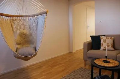 a hanging hammock in a living room with a couch at Completely renovated apartment near the train station and the center in St. Gallen