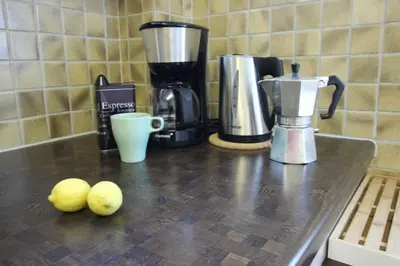a counter top with two lemons and a coffee maker at Casa Schilling- 2,5 rooms with balcony near hospital, university in St. Gallen