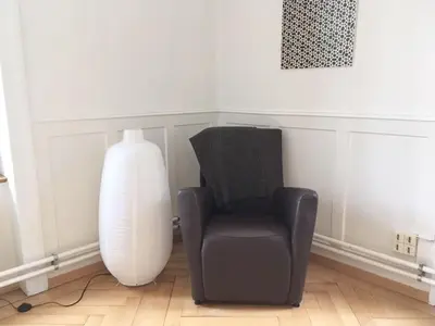 a black chair and a white vase in a room at Casa Schilling - 4 charming rooms in the best location in St. Gallen