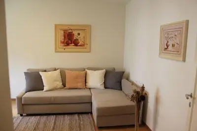 a living room with a couch in a room at Nice apartment with sun terrace in St. Gallen