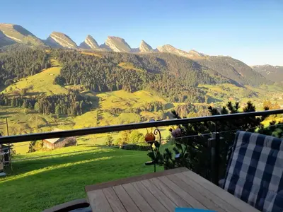 a balcony with a view of a mountain at Vista Montagna in Unterwasser