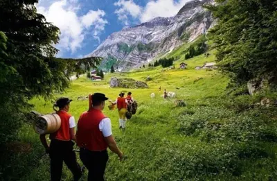 a group of people walking in a field with a mountain at Appartement Unterstädeli Engelburg SG in Wittenbach