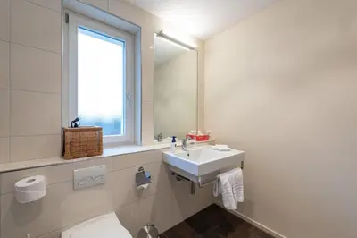 a bathroom with a sink and a toilet and a window at Hotel Rössli in Zuzwil