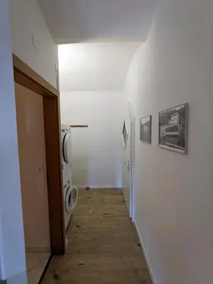 a hallway with a washer and dryer in a room at Alte Brauerei Buchs in Buchs