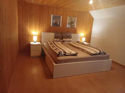 a bedroom with two beds with two lamps on them at Schwellbrunn,Ferienwohnung mit Säntissicht in Schwellbrunn
