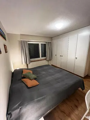 a bedroom with a large bed and a window at Beautiful holiday apartment in Wildhaus Toggenburg in Wildhaus
