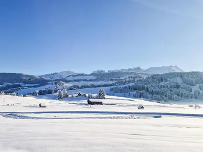 a field covered in snow with mountains in the background at Appenzeller Huus Löwen in Gonten